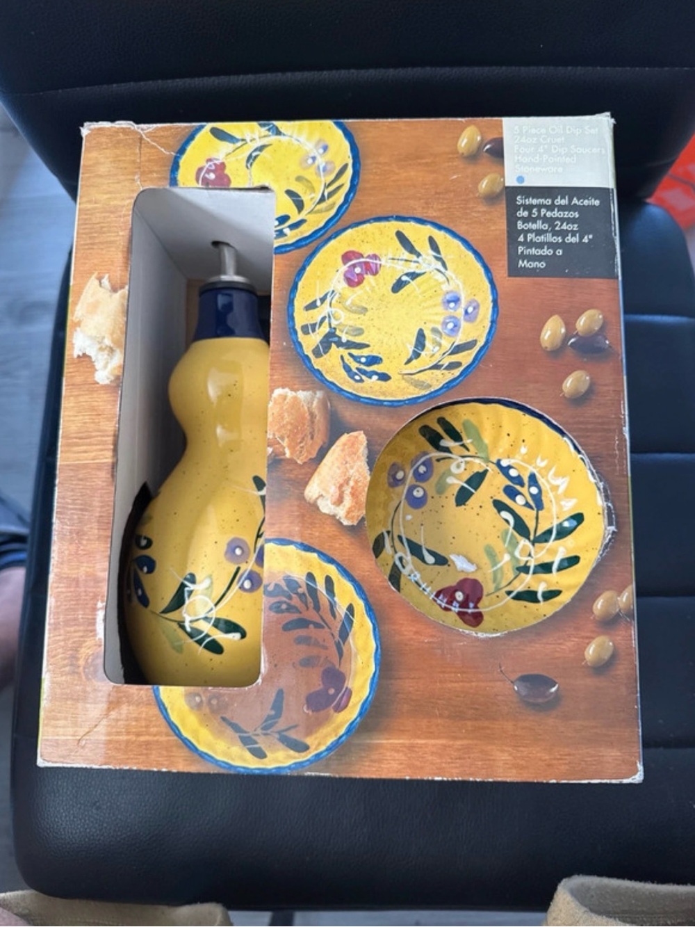 Hand-Painted Yellow Ceramic Oil Bottle with Blue Floral Accents - Vintage 90’
